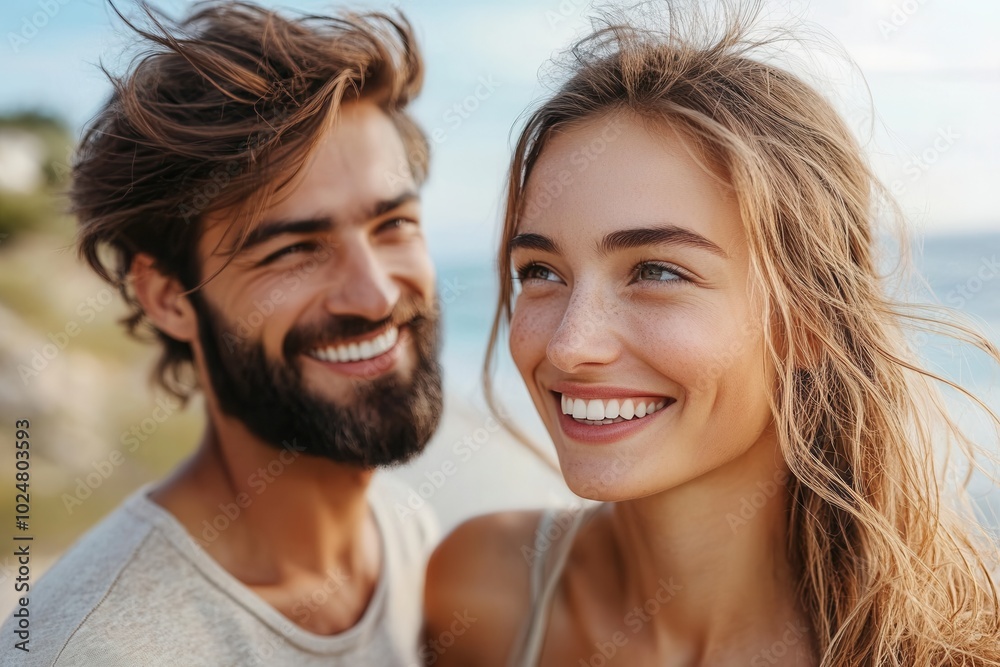 A young couple shares a happy moment at the beach, surrounded by a beautiful ocean landscape. The sun shines brightly as they laugh together, creating a joyful atmosphere that highlights their connect A young couple shares a happy moment at the beach, surrounded by a beautiful ocean landscape. The sun shines brightly as they laugh together, creating a joyful atmosphere that highlights their connect