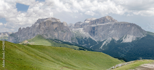 Ciavazes and Sas Pordoi peaks from Col Rodella, Italy photo