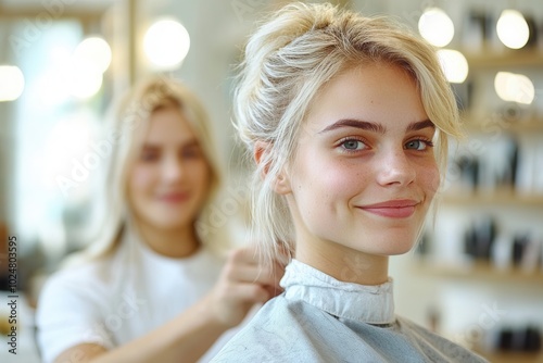 A young woman with light blonde hair sits in a salon chair, beaming with a smile as a stylist prepares to work on her hair. The salon is bright and airy, with soft lighting enhancing the atmosphere.