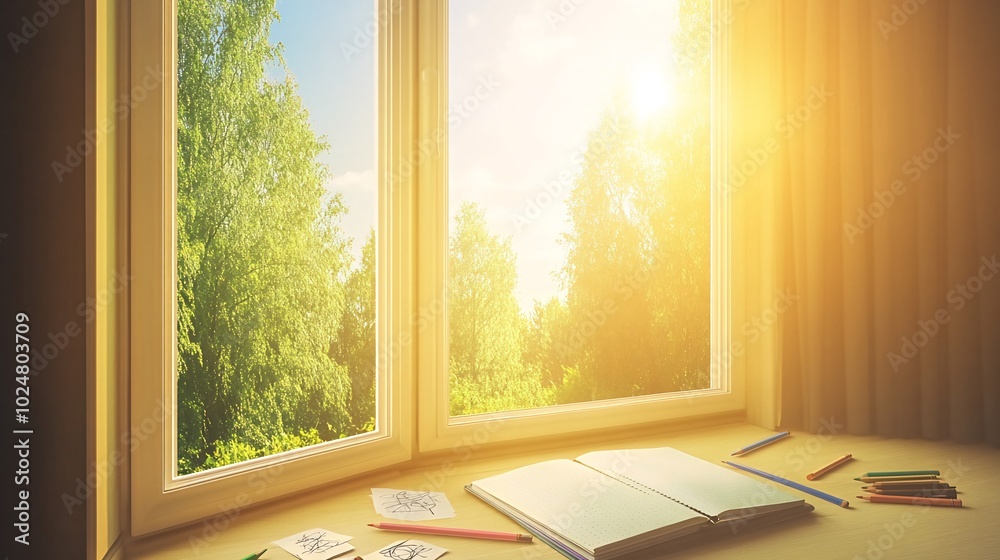 Sunlight streams through a window onto a desk with an open notebook and colorful pencils, suggesting creativity and inspiration. Sunlight streams through a window onto a desk with an open notebook and colorful pencils, suggesting creativity and inspiration.