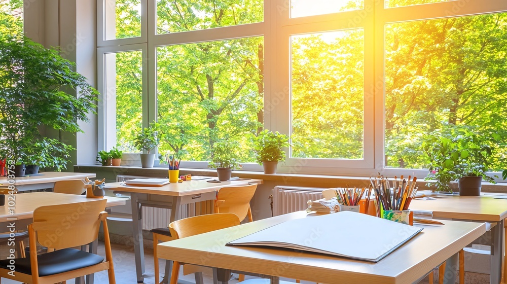 Sunny classroom with large windows, desks, and art supplies. Sunny classroom with large windows, desks, and art supplies.