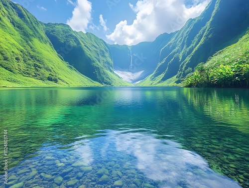 Serene mountain lake with clear blue water reflecting the sky and lush green hills.