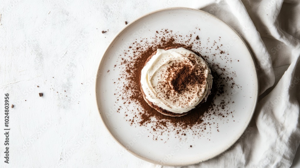 A stunning overhead view of Tiramisu on a white plate, focusing on the intricate layers of creamy mascarpone and chocolate dusting, set against a soft background for an elegant dessert look.