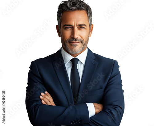 Confident man in a suit stands with arms crossed against a neutral background...