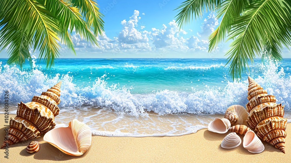 Tropical beach scene with seashells and palm trees. Tropical beach scene with seashells and palm trees.