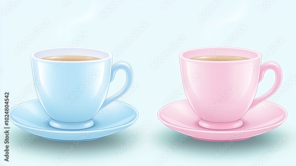 Two teacups, one blue, one pink, with steam rising from each. Two teacups, one blue, one pink, with steam rising from each.