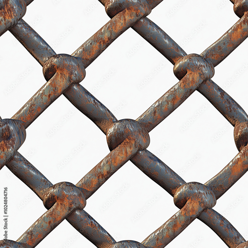 hyperrealistic pattern of a length of rusty chainlink fence over a 100% white background with no shadows. hyperrealistic pattern of a length of rusty chainlink fence over a 100% white background with no shadows.