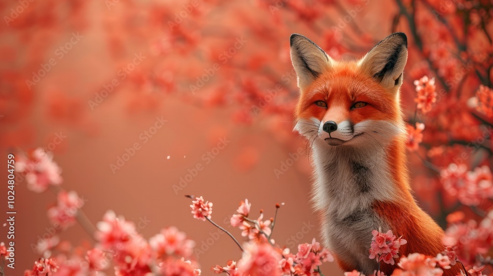 Obraz premium Captivating close up portrait of a majestic red fox standing in a vibrant spring forest filled with blooming flowers and lush foliage