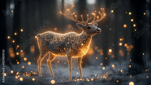 A glowing deer surrounded by sparkling lights in a forest setting.