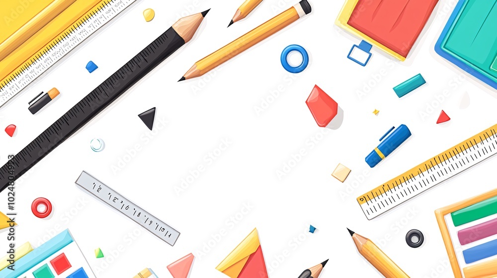 White background with school supplies like pencils, rulers, erasers, and other stationery. White background with school supplies like pencils, rulers, erasers, and other stationery.