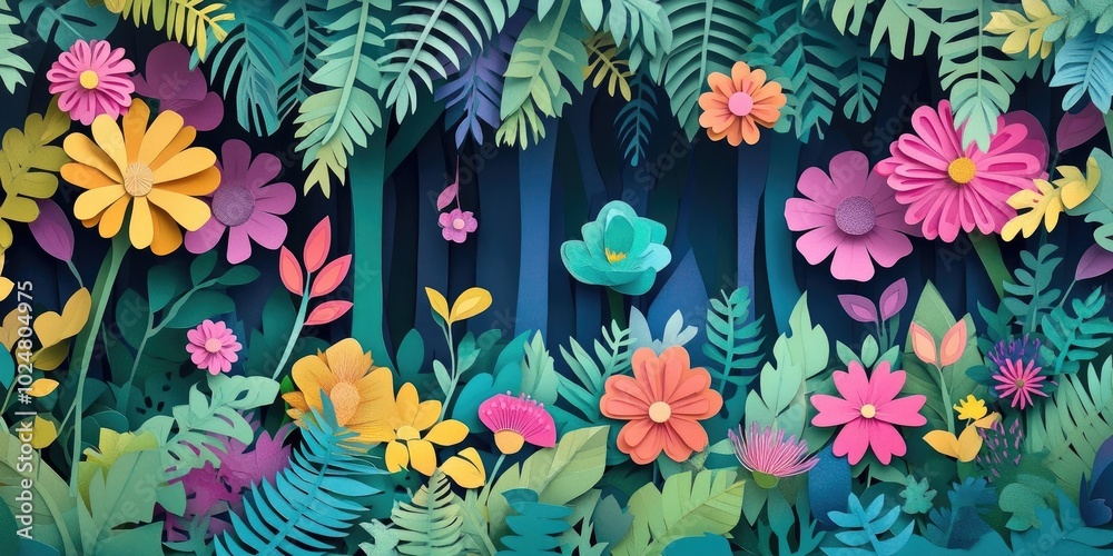 Vibrant flowers in lush greenery among trees, Colorful flowers surrounded by lush green foliage and trees Vibrant flowers in lush greenery among trees, Colorful flowers surrounded by lush green foliage and trees