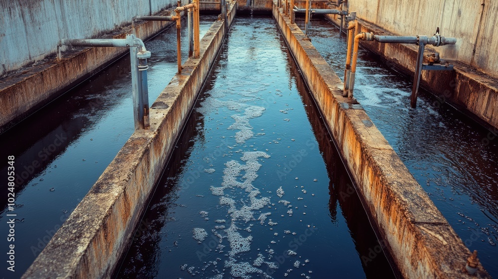 A high-angle view of a water treatment plant featuring a clarifier tank, with visible water filtration processes and geometric industrial structures, set against a backdrop of natural surroundings A high-angle view of a water treatment plant featuring a clarifier tank, with visible water filtration processes and geometric industrial structures, set against a backdrop of natural surroundings