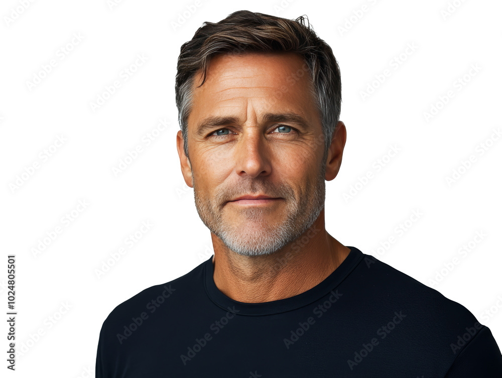 © olegganko - Mature man with gray hair and beard in a black shirt poses confidently against a neutral backdrop