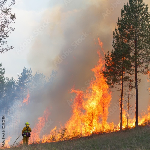 Firefighter Battling Flames in Forest Fire