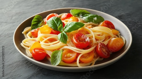 A tempting presentation of pasta with heirloom tomatoes and fresh basil leaves, beautifully arranged on a plate, highlighting the dish colorful ingredients against a dark slate background. photo