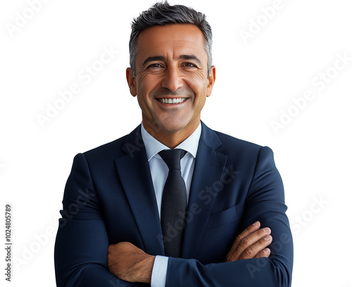 Confident businessman in a suit smiling with arms crossed against a neutral b...