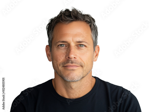 Portrait of a smiling man with short hair and blue eyes against a neutral bac...
