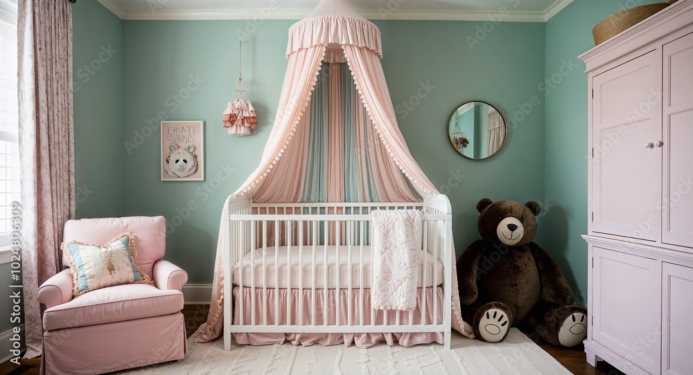Dreamy room with a canopy over the crib soft pastel colors and a large plush bear in the corner Dreamy room with a canopy over the crib soft pastel colors and a large plush bear in the corner