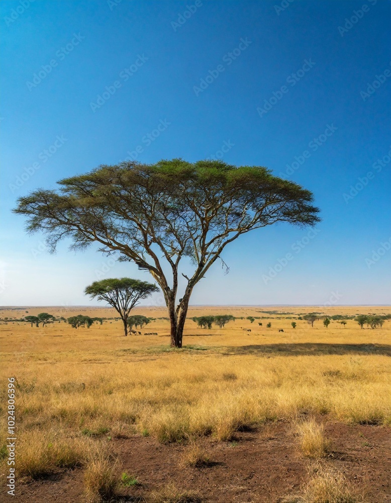 Obraz premium Vast Open Savannah Stretching to the Horizon, With Towering Acacia Trees Dotted Across the Landscape, Beneath a Clear Blue Sky and Gently Grazing Herds in the Distance