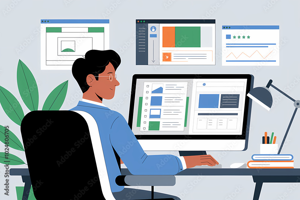 Focused Work From Home Setup – Illustration of a Professional at Their Desk with Multi-Tasking Screens, Green Plant, and Cozy Lamp for a Productive Workday. Focused Work From Home Setup – Illustration of a Professional at Their Desk with Multi-Tasking Screens, Green Plant, and Cozy Lamp for a Productive Workday.