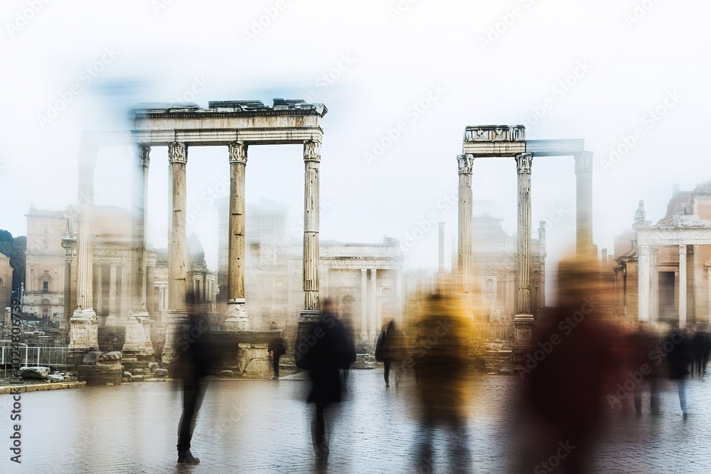 Naklejka premium Blurry crowd at Roman ruins, timeless and dynamic