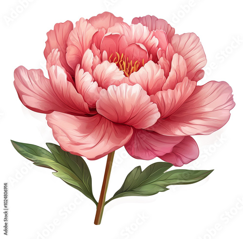 Beautiful pink peony flower blooming against a white background in springtime