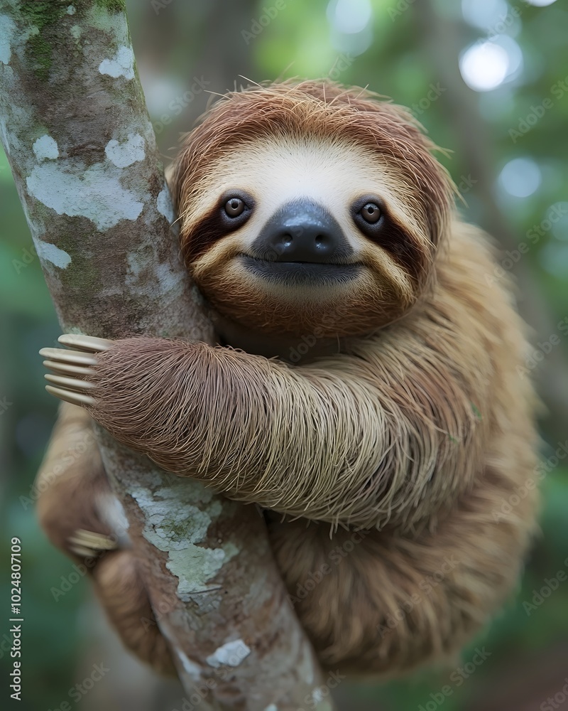 A sloth clings to a tree branch with its long claws, its big brown eyes staring directly at the camera. A sloth clings to a tree branch with its long claws, its big brown eyes staring directly at the camera.