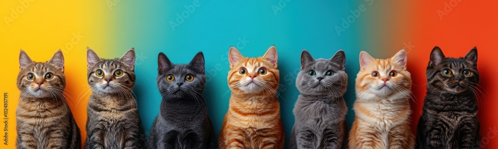Many cats standing in a row against a colorful wall Many cats standing in a row against a colorful wall