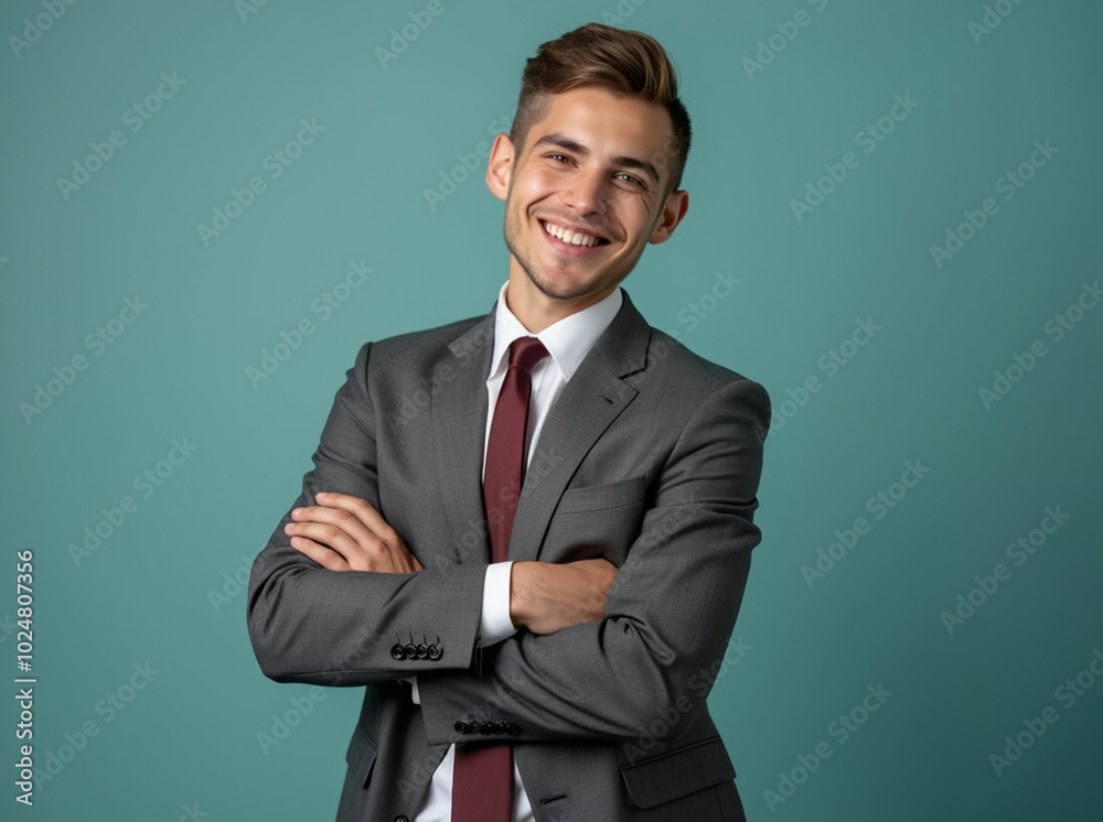 Handsome Young Businessman in Grey Suit with Arms Crossed, Professional Portrait Handsome Young Businessman in Grey Suit with Arms Crossed, Professional Portrait