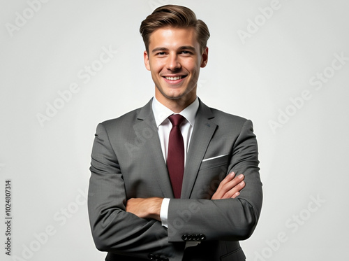 Handsome Young Businessman in Grey Suit with Arms Crossed, Professional Portrait