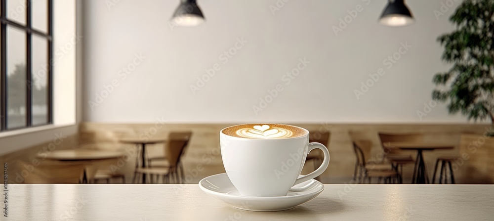 Steaming Cappuccino Awaits in Cozy Coffee Shop Setting with Modern, Minimalist Interior Details. Steaming Cappuccino Awaits in Cozy Coffee Shop Setting with Modern, Minimalist Interior Details.