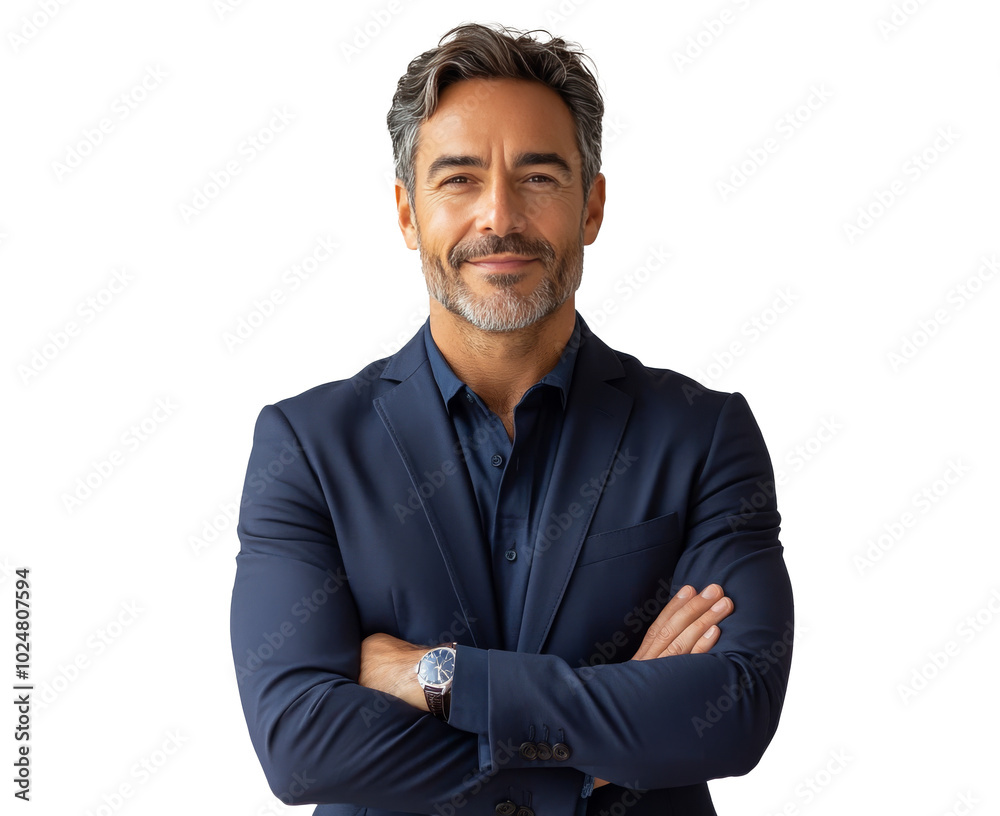 Confident businessman in a tailored suit standing with arms crossed against a plain backdrop