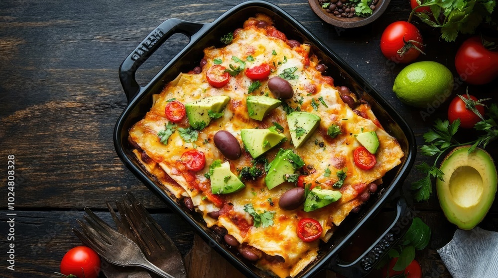 A vibrant, gluten-free chicken and bean lasagna topped with colorful ingredients like olives, avocado, and tomatoes, served in a black baking dish on a rustic dark wood table.