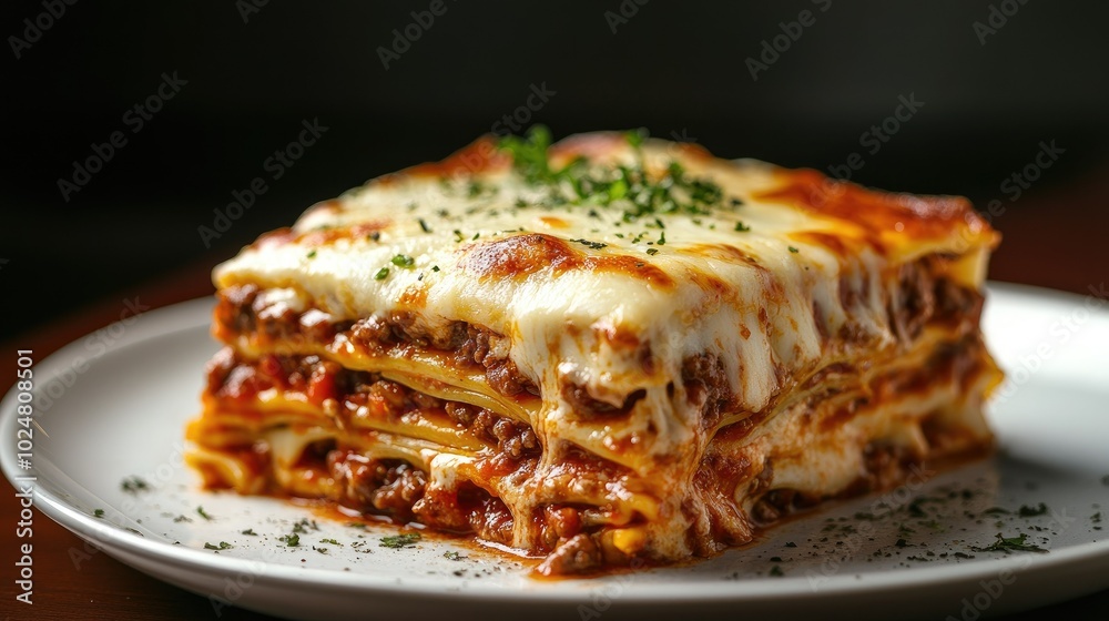 A vibrant shot of a lasagna slice layered with minced beef and tomato bolognese sauce, presented on a clean white plate against a dark background, with melted cheese perfectly browned on top. A vibrant shot of a lasagna slice layered with minced beef and tomato bolognese sauce, presented on a clean white plate against a dark background, with melted cheese perfectly browned on top.