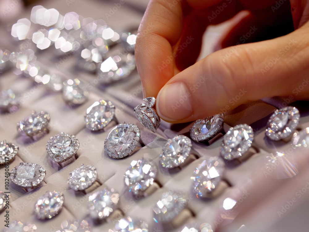 Selecting sparkling diamond ring from display, showcasing elegance and choice. Selecting sparkling diamond ring from display, showcasing elegance and choice.