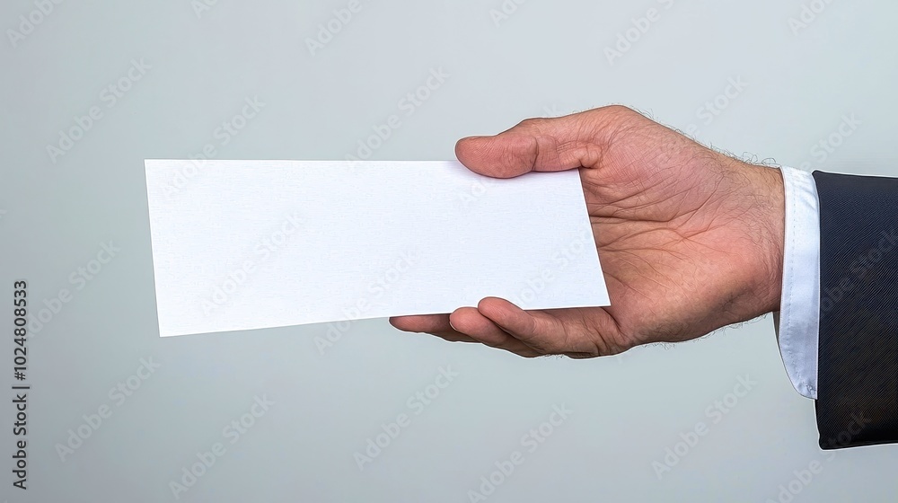 A businessman holding a blank envelope in a professional setting. A businessman holding a blank envelope in a professional setting.