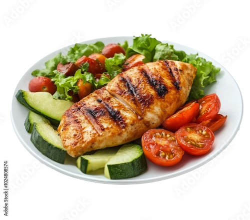Grilled chicken breast served with colorful vegetables on a white plate durin...