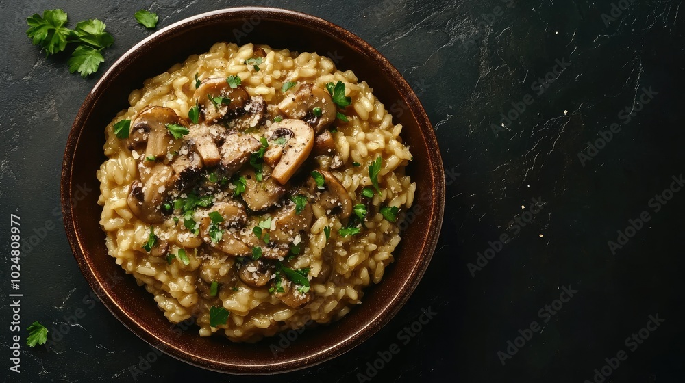 A visually appealing top view of rich mushroom risotto in a brown plate, surrounded by a dark slate backdrop, allowing for creative text overlay and showcasing the dishs delicious details. A visually appealing top view of rich mushroom risotto in a brown plate, surrounded by a dark slate backdrop, allowing for creative text overlay and showcasing the dishs delicious details.