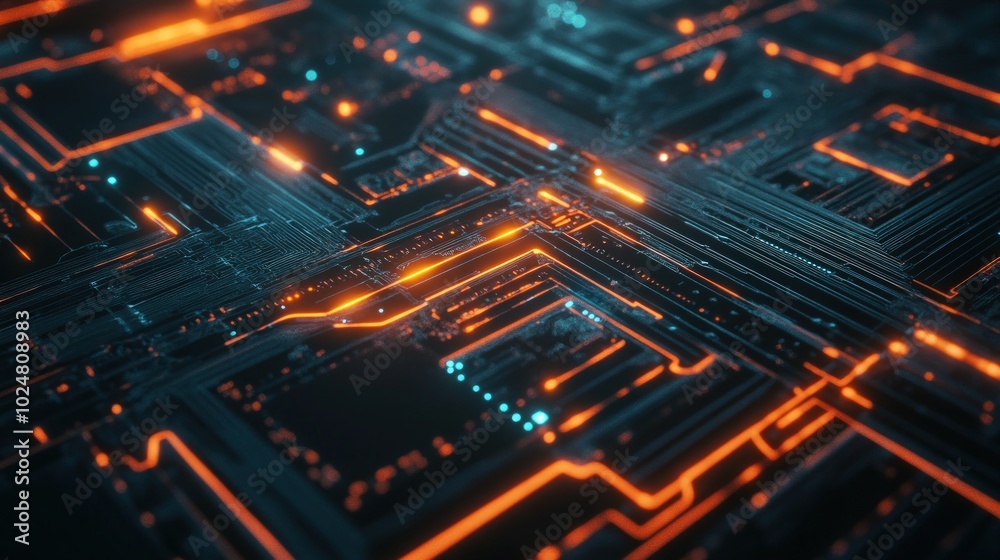 Abstract digital circuit board with glowing lines and futuristic design. Abstract digital circuit board with glowing lines and futuristic design.