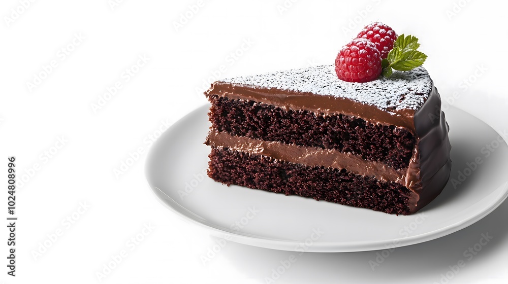 A slice of chocolate cake with chocolate frosting and a raspberry on top. A slice of chocolate cake with chocolate frosting and a raspberry on top.