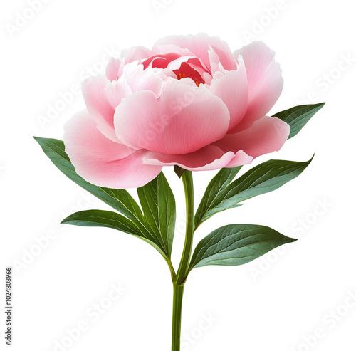 Beautiful pink peony flower with green leaves arranged elegantly on a white b...