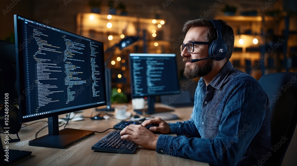 Man wearing headset and glasses working on computer with programming code on screens in dimly lit office environment with warm lighting.