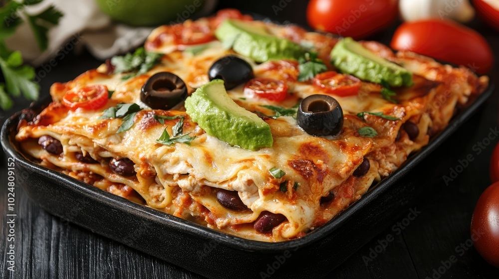 A visually rich photo of a healthy gluten-free lasagna filled with chicken and beans, topped with pitted olives, fresh avocado, tomatoes, and coriander, served in a black dish on dark wood. A visually rich photo of a healthy gluten-free lasagna filled with chicken and beans, topped with pitted olives, fresh avocado, tomatoes, and coriander, served in a black dish on dark wood.