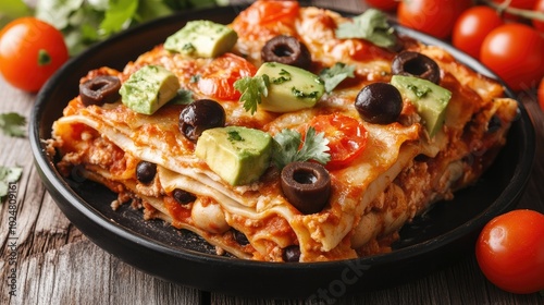 A visually rich photo of a healthy gluten-free lasagna filled with chicken and beans, topped with pitted olives, fresh avocado, tomatoes, and coriander, served in a black dish on dark wood.