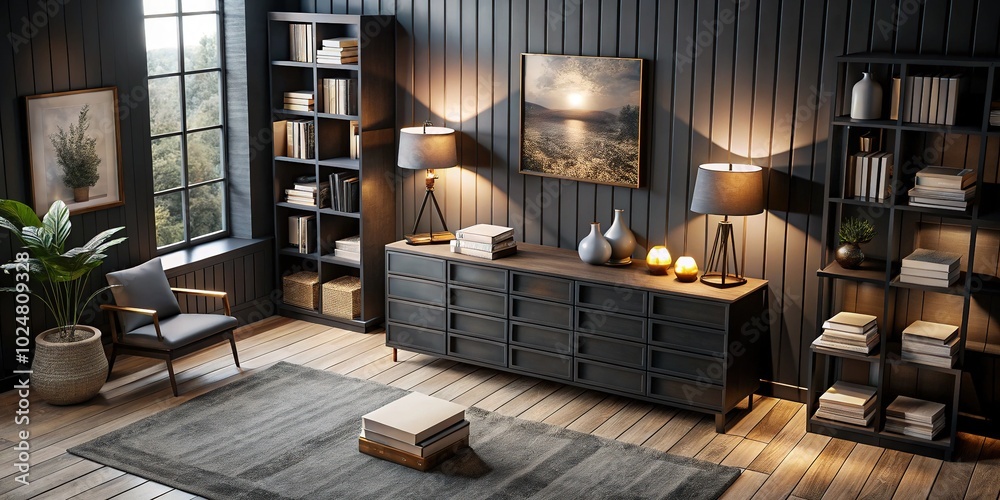 Atmospheric Dark Room with Black Wooden Dresser and 3D Square Poster Visualization Atmospheric Dark Room with Black Wooden Dresser and 3D Square Poster Visualization