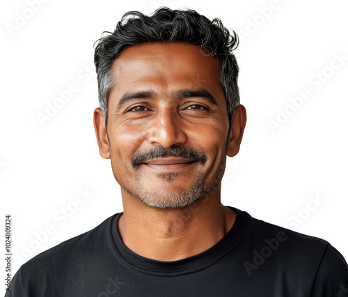 Smiling man with dark hair and beard in casual black shirt against a light ba...