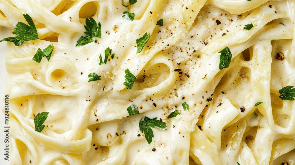 An appetizing close-up of creamy Alfredo fettuccine, generously topped with fresh herbs, beautifully styled against a white background, inviting viewers to indulge in this classic Italian dish. An appetizing close-up of creamy Alfredo fettuccine, generously topped with fresh herbs, beautifully styled against a white background, inviting viewers to indulge in this classic Italian dish.