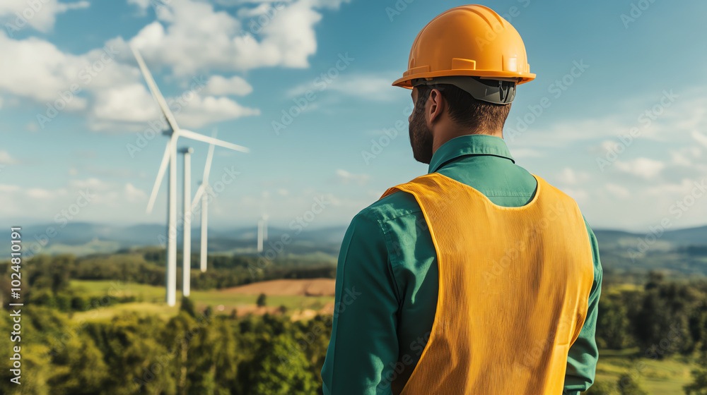 Engineer observing wind turbines in a scenic landscape. The professional wears a hard hat and safety gear, highlighting the focus on renewable energy and sustainability. Engineer observing wind turbines in a scenic landscape. The professional wears a hard hat and safety gear, highlighting the focus on renewable energy and sustainability.