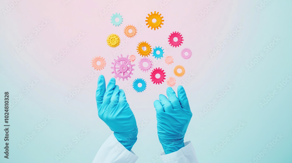 Colorful Gears Held by a Researcher’s Gloved Hands in a Minimalist Bright Background, Emphasizing the Importance of Innovation in Scientific Research Colorful Gears Held by a Researcher’s Gloved Hands in a Minimalist Bright Background, Emphasizing the Importance of Innovation in Scientific Research