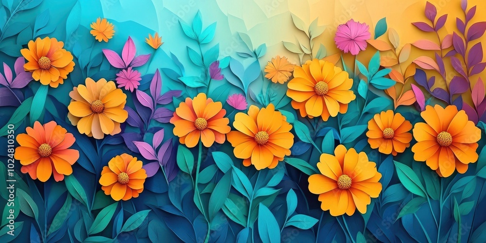Vibrant marigolds blooming in a summer garden, Colorful marigolds blossoming in a seasonal garden Vibrant marigolds blooming in a summer garden, Colorful marigolds blossoming in a seasonal garden